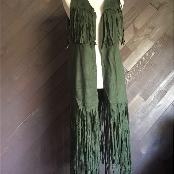 Other - Green Suede Like Long Fringed Vest 